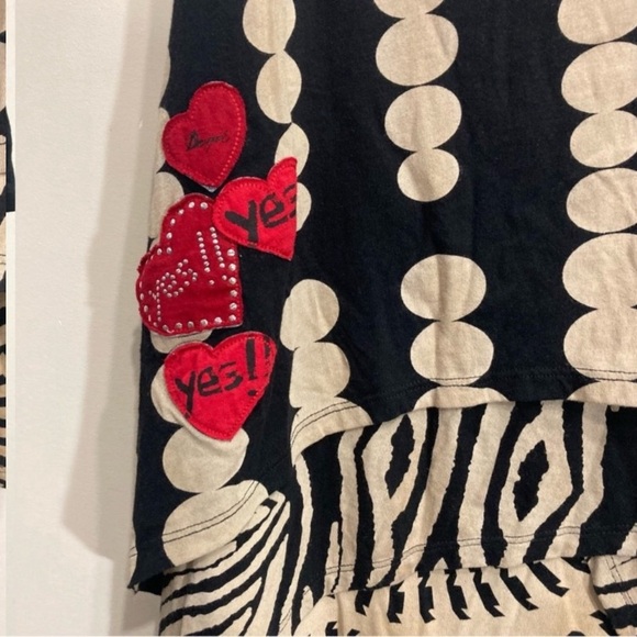 Desigual Size Large Layered Flutter Skirt Black Tan Striped Polka Dot Heart - Picture 6 of 13